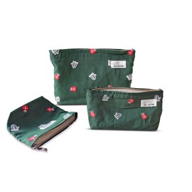 HAPPYHEIDI Makeup Bag Set 3 Cosmetic Toiletry Organizer Zipper Pouch for Purse Tote, Women Girls Gift, Large Medium Small, Christmas Green Embroidery Set of 3, Large-Medium-Small