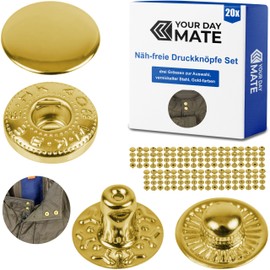 Sew-Free Press Studs, Diameter 12.5 mm, 20 Pairs, in Gold, Set without Tools, Fabric Clips for DIY, Press Stud with Ring Spring Closure, Repair Metal Buttons, Replacement Button Sewing Accessories,