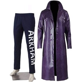 Joker Costume Of The Year Crocodile Textured Leather Trench Coat With Natural Cotton Navy Blue Pants (Purple, XX-Large)