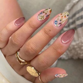 YOSOMMK Purple Summer Short Press on Nails Almond Shaped Acrylic Nails Press ons Colorful Flower Glue Stick on False Nail for Women 24Pcs Glossy Spring Artificial Fake Nail with Design in 12 Sizes