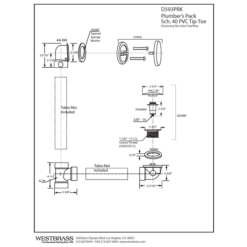 Westbrass D593PRK-01 Plumber's Pack Bath Waste Assembly with Tip-Toe Drain