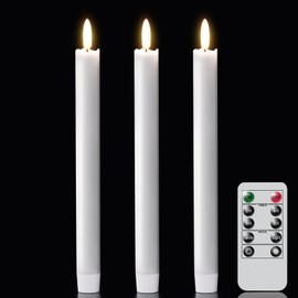 GenSwin Flameless White Taper Candles Flickering with 10-Key Remote, Battery Operated Led Warm 3D Wick Light Window Candles Real Wax Pack of 3, Christmas Home Wedding Decor(0.78 X 9.64 Inch)
