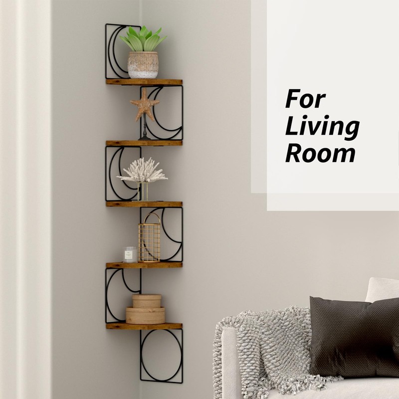 PHAREGE 5 Tier Moon Phase Corner Shelves Brown Black, Rustic
