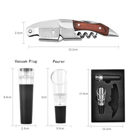 Abridor de botellas de acero inoxidable, abridor de botellas multifuncional de mango de madera, cortadora de papel de abridor de cerveza, herramienta de bar de cocina, con tapón de vacío y vertedor