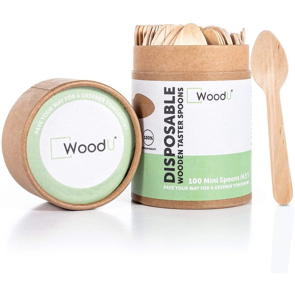 Wooden Disposable Mini Round Taster Spoons, Eco-Friendly Biodegradable Compostable Birchwood (Pack of 100) GO Green! (4.5” Taster Spoon)