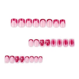 Press on Nails Short Square Fake Nails Red French Tip False Nails with Flower Design Glue on Nails Ombre Acrylic Nails Glossy Full Cover Stick on Nails for Women Manicure 24Pcs