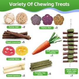 WDEFUN 21-Piece Natural Small Pet Chew Toys Set for Rabbits, Hamsters & Organic Grass Mat, Hay Sticks, Loofah Slices, Wooden Chews & More for Dental Health & Boredom Relief
