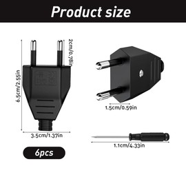 CYIOU 6 pieces flat plug black, 250 V 2.5 A Euro plug flat with screwdriver, power plug, 2-pin, power plug flat for small appliances sockets