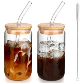 DWTS DANWEITESI Iced Coffee Cups with Lids 2 pcs,16 oz Glass Cups with Lids and Straws as Coffee Bar Accessories,Beer Drinking Glasses,Reusable Glass Tumbler,Cute Coffee Cups for Coffee, Juice, Gifts