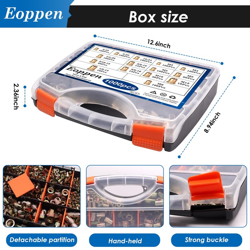 Eoppen 1000Pcs SAE & Metric Rivet Nuts Assortment Kit 6-32,