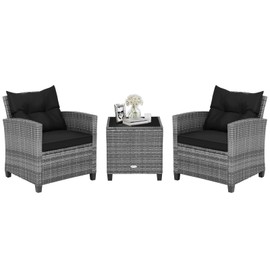 HAPPYGRILL 3 Pieces Patio Conversation Set, Outdoor Furniture Set PE Rattan Sofa Set with Removable Cushions, PE Wicker Chairs with Tempered Glass Side Table for Porch Lawn Garden Balcony Backyard