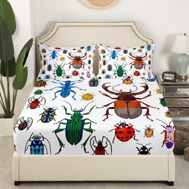 Kids Bug Fitted Sheet Flying Bugs Pattern Bedding Set for Boys Girls Colorful Beetle Decor Bed Sheet Set Nature Animal Bed Cover 3Pcs Full Size