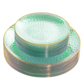 Rubtlamp Plastic Green Plates,Green Party Plates, Disposable Green Plates, Clear Green Plates with Gold Rim, Hammered Green and Gold Plates Include 30 Dessert Plates, 30 Dinner Plates for Party