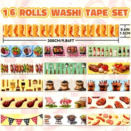 Joysoong BBQ Themed Washi Tape Set - 16 Rolls Camping & Backyard Party Decorative Tape for Journals, Scrapbooks (0.6" x 10 ft) - Grill, Skewers, Tools, Summer Memories