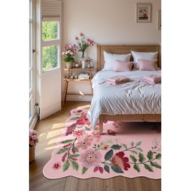 Lahome Floral Living Room Rugs, Pink Area Rugs 5x7 Rug for Bedroom Ultra-Thin Soft Rug, Non-Slip Washable Rugs Stain Resistant Throw Boho Rug for ‎‎Nursery Playroom Classroom (5x7ft, Pink)