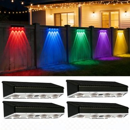 Solar Fence Lights Outdoor, 9 Modes ＆ 8 Fixed Colors & Color Changing Fence Lights Solar Powered, IP65 Waterproof, 4 LED Lens Solar Deck Lights for Outside,Backyard,Wall,Pool,Deck,Railing(4 Pack)