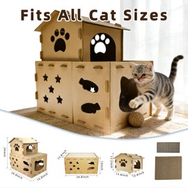 25 Inch Two Level Cardboard Cat Scratcher House, 2-in-1 Multi-Level Cat Condo Villa with Replaceable Scratch Pad, Sturdy Indoor Cat Lounge Hideout for Multi-Cat Families