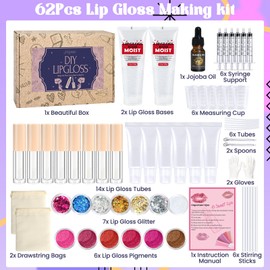 JUYRLE Lip Gloss Making Kit- Make Your Own LipGloss Kit for Women, 62Pcs DIY Lipstick Set with Moisturizing Lip Gloss Base, Pigments, Tubes, Lip Gloss Set for Teens, Christmas Gift for Girls Women