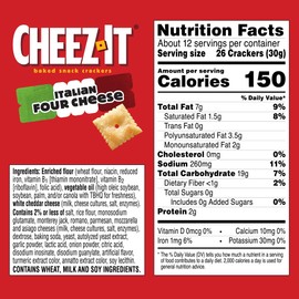 Cheez-It Cheese Crackers, Baked Snack Crackers, Office and Kids Snacks, Italian Four Cheese, 12.4oz Box (1 Box)
