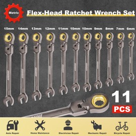 Egofine 11 Piece Flex Head Ratcheting Wrench Set, Metric Wrench Set, CR-V Steel 6-15mm Wrench, 72-Teeth Combination wrench set, Nickel Plating Ratchet Wrenches Set with Tool Roll Bag