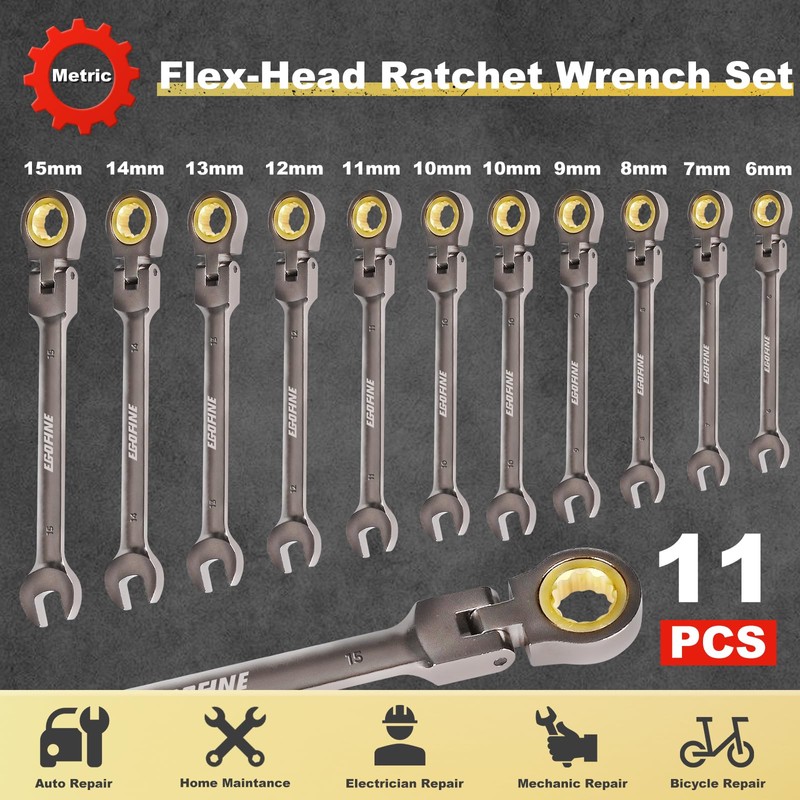 Egofine 11 Piece Flex Head Ratcheting Wrench Set, Metric Wrench