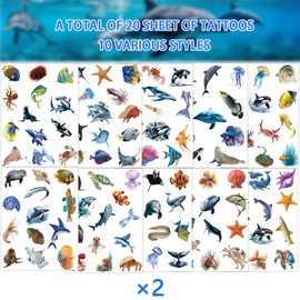 254PCS Realistic Sea Ocean Animal Temporary Tattoos Stickers, Sea Creature Sharks Whales Turtles Clown Fish Seahorse Starfish Tattoos Stickers Ocean Party Favors Under The Sea Party Favor Supplies