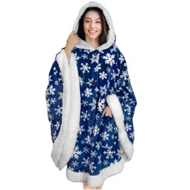 PAVILIA Angel Wrap Hooded Blanket | Poncho Blanket Wrap with Plush Fluffy Sherpa Lining | Wearable Blanket Throw Gift with Hood Pockets Cape | Warm Shawl Cozy Gifts for Women Wife (Snowflake Blue)