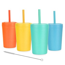 Homestockplus Reusable Wheat Straw Cups with Lids and Silicone Straws, 10 Oz Chip Resistant E-Co Friendly Small Water Cups for Milk, Drinks, Smoothies - 4 Colors