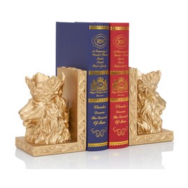 BOIHEGU Lion Statue Bookends, 7 inch Resin Exquisite Lion Statue(Set of 2) Heavy Duty Non-Skid Decorative Bookends, Gold Accent Lion Gifts for Men Father Leo Home Office Desk Shelf Decor