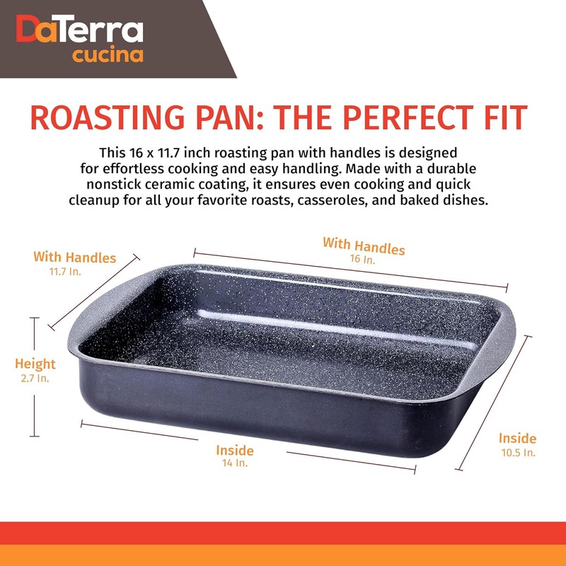 DaTerra Cucina Nonstick Roasting & Lasagna Pan – 16"x12"x3", Ceramic-Coated,
