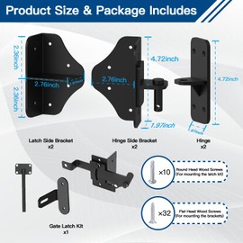 Fence Gate Hardware Kit with Gate Latch, Heavy Duty 90 Degree Right Angle Gate Hinges, Anti Sag Gate Corner Brace Bracket - Left Gate Kit