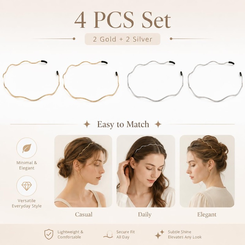 4Pc Thin Metal Headbands, Wavy Headband, Fashionable Hair Accessories for