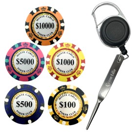 MZsplus Casino Chip Golf Marker Reel Golf Green Fork Set of 6 Green Green Forks for Turf Friendly 1 Blade Casino Poker Chip Marker with Anti-lost Reel Holder - Great Gift - Invoice Ready