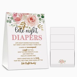 Late Night Diapers Sign, Greenery Floral Note Cards Diaper Thoughts, Late Night Diaper Baby Shower Game Set(1 Standing Sign + 20 Blank Greeting Cards), Blush Pink Baby Shower Party Favor Decor - A07