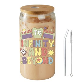Toy Inspired Story Gifts, To infinity and Beyond Glass Jar, Toy Inspired Story Glass Jar Tumbler with Bamboo Lid and Glass Straw 16 Oz, Thank You Gifts, Toy Inspired Story Gifts for Boys Girls Friends