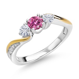 Gem Stone King 925 Silver and 10K Yellow Gold Pink Moissanite White Moissanite and Lab Grown Diamond 3 Stone Engagement Ring For Women (0.46 Cttw, Gemstone Birthstone, Available In Size 5, 6, 7, 8, 9)