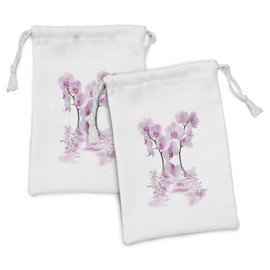 Lunarable Nature Fabric Pouch Set of 2, Wild Orchids with Mirroring Features in Water Aromatic Bouquet Floral Plant Concept, Small Drawstring Bag for Toiletries Masks and Favors, 9" x 6", White Pink