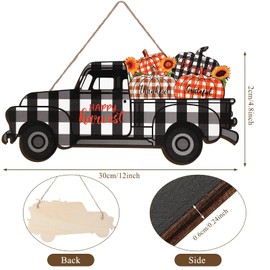 Vintage Happy Harvest Truck Sign Fall Thanksgiving Hanging Sign Wooden Decor Buffalo Plaid Truck Plaque for Farmhouse Door Kitchen Room wall Farm Porch Decoration, 12 x 6 Inch