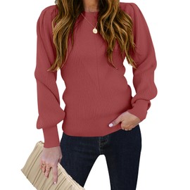 TECREW Women's Puff Sleeve Crew Neck Pullover Sweater Casual Cozy Knit Slim Jumper Tops, Mauve, Medium