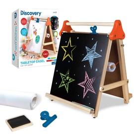 Discovery Kids 3-in-1 Tabletop Dry Erase Chalkboard Painting Art Easel, Includes Paper Roll and Oversized Clip, 17 x 15 Inch Wood Frame, Perfect for Children 3+ | Foldable/Portable for Countertop Play