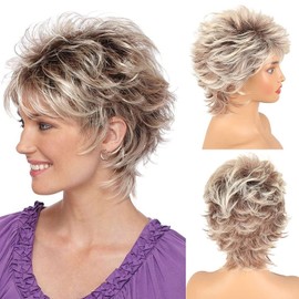 Short Blonde Pixie Cut Wigs with Bangs for White Women,Aisaide Brown Ombre Blonde Wig Synthetic Wavy Curly Hair Wigs Mixed Brown Wigs Layered Natural Fluffy Heat Resistant Fashion Color
