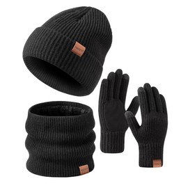 FISFET Mens Womens Hat Scarf Gloves Set Winter, Knit Lined Warm Winter Touch Screen Gloves Beanie Hat Neck Warmer Snood for Cold Weather, Fashion 3 in 1 Winter Warm Gift Set(Black)