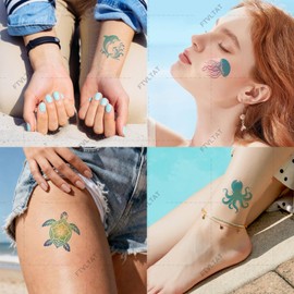 FTVLTAT 20 Sheets Glitter Ocean Animal Temporary Tattoos, Shimmering Sea Creature Body Art, Sparkly Dolphin Turtle Seahorse Stickers for Summer Beach Parties, 1.96" x 1.96" Pre-cut Tattoos