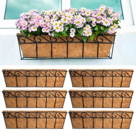 LaLaGreen Wall Mounted Planters - 24 Inch, 6 Pack Black Window Flower Boxes Basket Outdoor, Balcony Planter Over The Rail, Deck Railing Hanging with Coco Liners, Metal Horse Troughs Fence Patio Porch