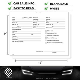 Printed Vehicle Deal Jackets Envelopes Folders for Auto Car Dealerships - 9x12 Size - Dealer Supplies - New and Used Cars - 100 Quantity (White)