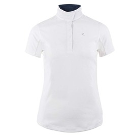 HORZE Blaire Women's Short Sleeved Nanotex Equestrian Riding Competition Show Shirt with UPF 30+ UV Protection - White/Dark Navy - 14
