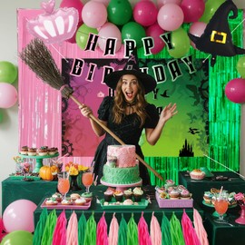 Pink and Green Party Decorations Witch Happy Birthday Backdrop Kit Pink Green Balloons Paper Pom Poms Fringe Curtain Tassel Garland for Girls Birthday Party Musical Theatre Witch Decoration