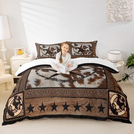 Western Stars Wooden Door Kids Duvet Cover Set Queen Size,Boys Girls Adults Xmas Decor,Abstract Cow Fur Print Comforter Cover,Rustic Farmhouse Bedding Set,Brown Country Quilt Cover,2 Pillowcases