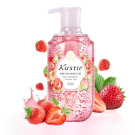 KUSTIE Strawberry Body Wash with Real Fruit Extract & Natural Essential Oils, Silky Moisturizing Shower Gel, Long-Lasting Fragrance, Rich Bubbles, 16.9oz