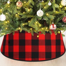 FANPROMS 24 Inch Christmas Tree Collar Red and Black Round Buffalo Plaid Tree Ring Rustic Farmhouse Christmas Tree Skirt Vintage Velvet Tree Stand Collar for Xmas Tree Ornaments Christmas Celebration